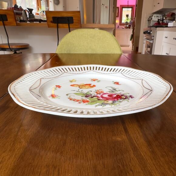 Bavarian Floral Plate Reticulated Hand Painted Bouquet Gold Trim Rim Garland - Picture 4 of 13